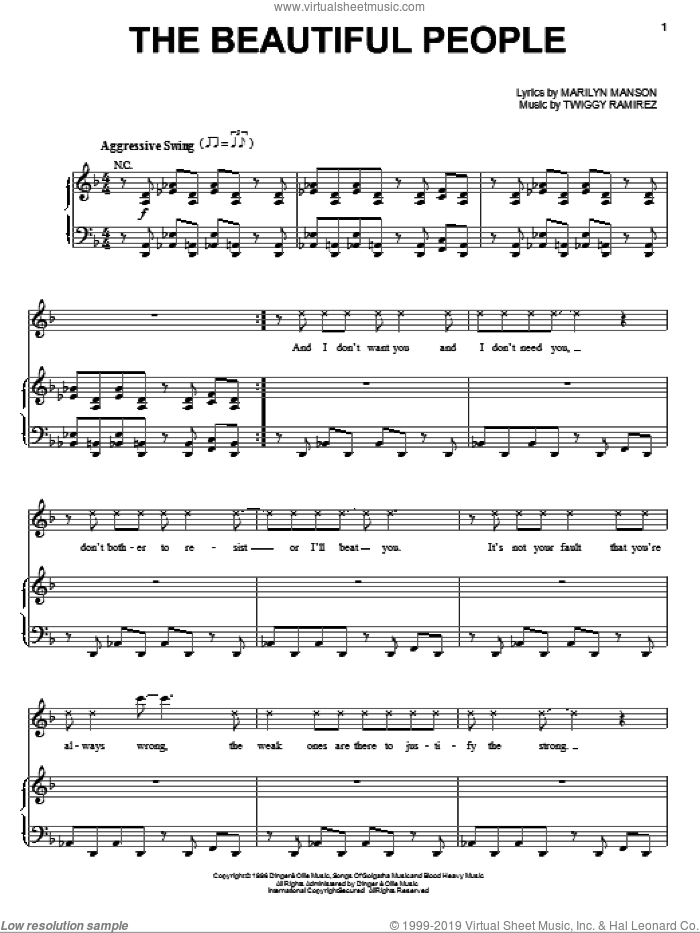 The Beautiful People sheet music for voice, piano or guitar by Marilyn Manson and Twiggy Ramirez, intermediate skill level
