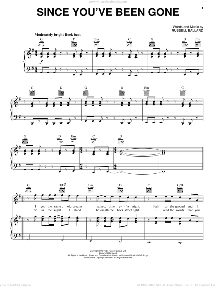 Since You've Been Gone sheet music for voice, piano or guitar by Rainbow and Russ Ballard, intermediate skill level