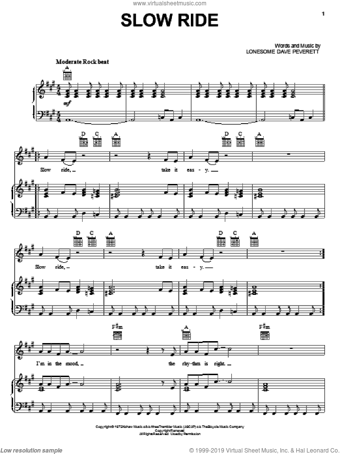 Slow Ride sheet music for voice, piano or guitar by Foghat and Lonesome Dave Peverett, intermediate skill level