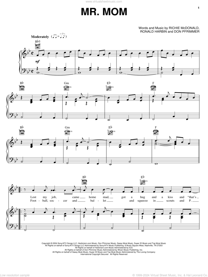 Mr. Mom sheet music for voice, piano or guitar by Lonestar, Don Pfrimmer, Richie McDonald and Ron Harbin, intermediate skill level
