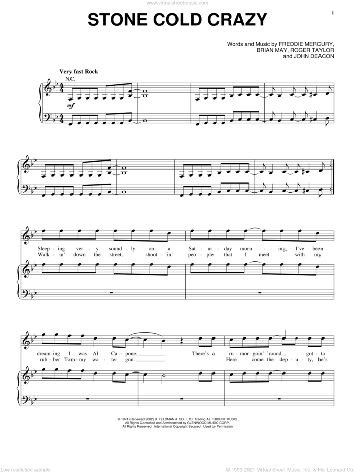 Stone Cold Crazy sheet music for voice, piano or guitar by Queen, Metallica, Brian May, Freddie Mercury, John Deacon and Roger Taylor, intermediate skill level