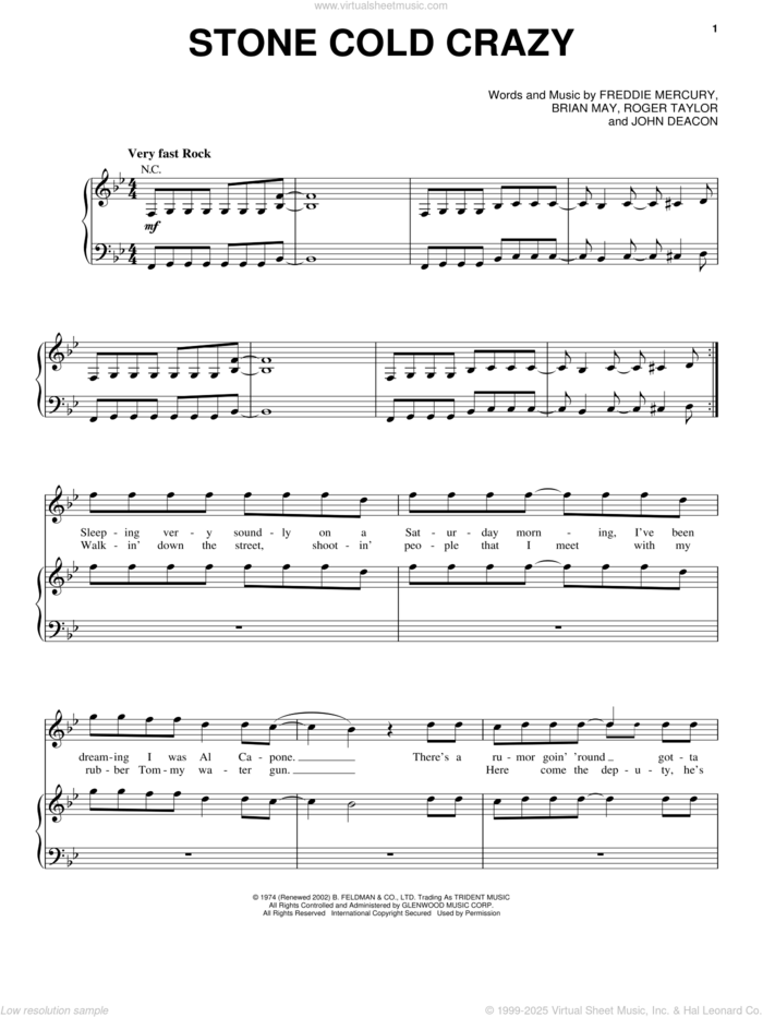 Stone Cold Crazy sheet music for voice, piano or guitar by Queen, Metallica, Brian May, Freddie Mercury, John Deacon and Roger Taylor, intermediate skill level