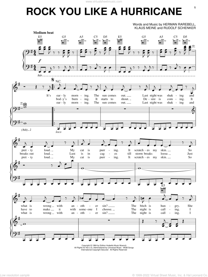 Rock You Like A Hurricane sheet music for voice, piano or guitar by Scorpions, Herman Rarebell, Klaus Meine and Rudolf Schenker, intermediate skill level