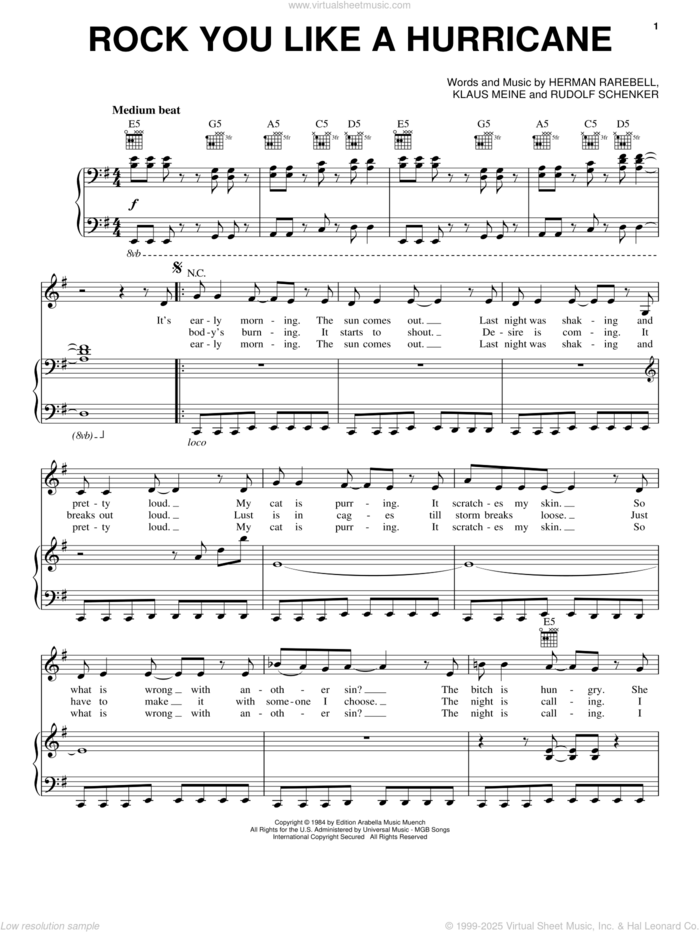 Rock You Like A Hurricane sheet music for voice, piano or guitar by Scorpions, Herman Rarebell, Klaus Meine and Rudolf Schenker, intermediate skill level