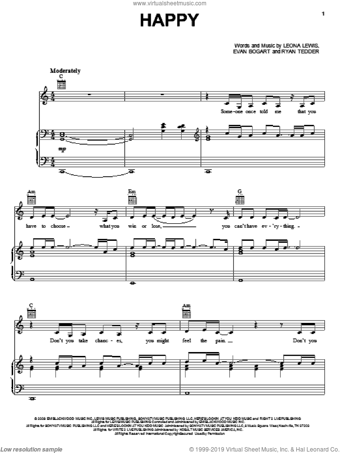 Happy sheet music for voice, piano or guitar by Leona Lewis, Evan Bogart and Ryan Tedder, intermediate skill level