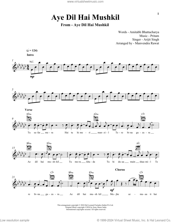 Aye Dil Hai Mushkil sheet music for voice and other instruments (fake book) by Arijit Singh, Amitabh Bhattacharya and Pritam Chakraborty, intermediate skill level