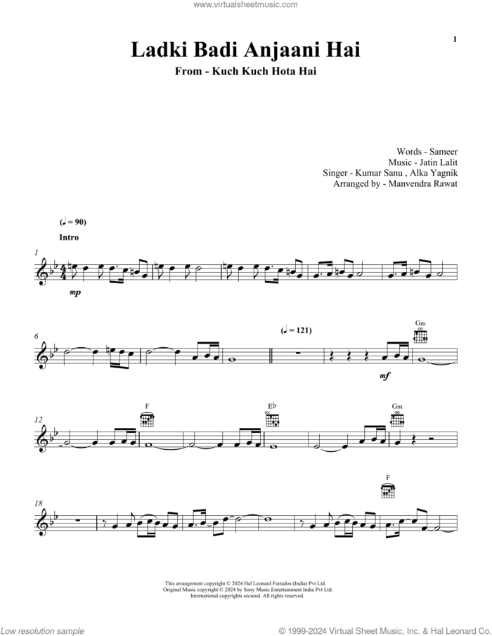 Ladki Badi Anjaani Hai (from Kuch Kuch Hota Hai) sheet music for voice and other instruments (fake book) by Kumar Sanu & Alka Yagnik, Jatin Pandit, Lalitraj Pandit and Sameer Anjaan, intermediate skill level