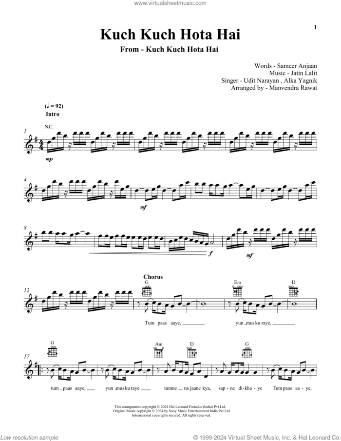 Kuch Kuch Hota Hai sheet music for voice and other instruments (fake book) by Udit Narayan & Alka Yagnik, Jatin Pandit, Lalitraj Pandit and Sameer Anjaan, intermediate skill level