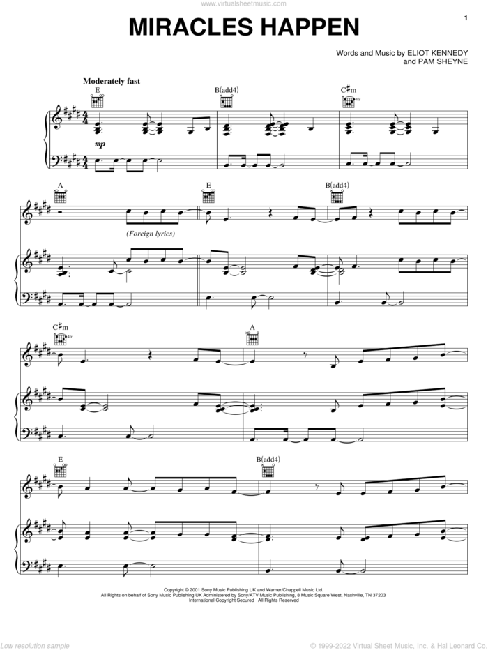 Miracles Happen sheet music for voice, piano or guitar by Jonny Blu, The Princess Diaries 2: Royal Engagement (Movie), Eliot Kennedy and Pam Sheyne, intermediate skill level