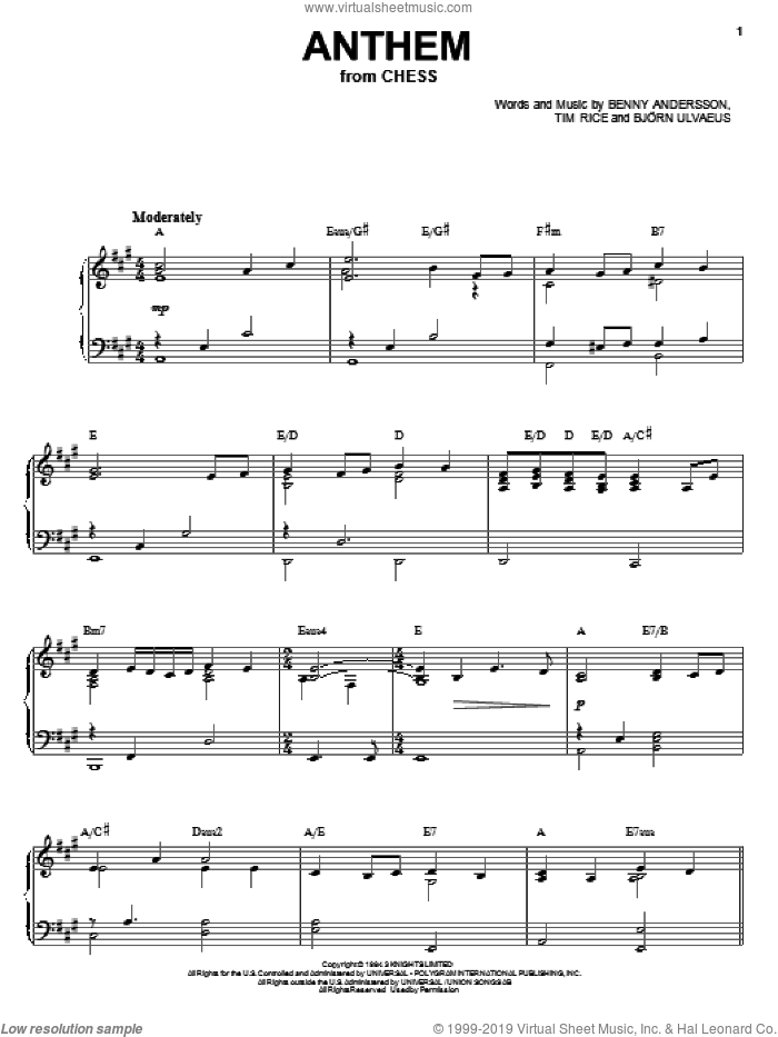 Anthem sheet music for voice, piano or guitar by Tim Rice, Chess (Musical), Benny Andersson, Bjorn Ulvaeus and Miscellaneous, intermediate skill level