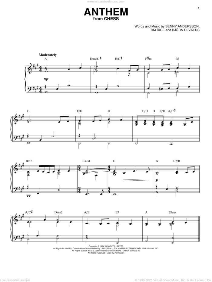 Anthem sheet music for voice, piano or guitar by Tim Rice, Chess (Musical), Benny Andersson, Bjorn Ulvaeus and Miscellaneous, intermediate skill level