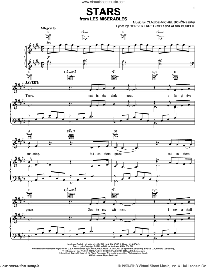 Stars sheet music for voice, piano or guitar by Alain Boublil, Les Miserables (Musical), Claude-Michel Schonberg and Herbert Kretzmer, intermediate skill level
