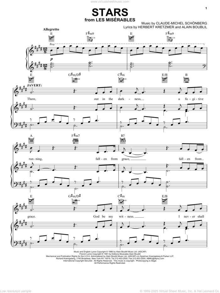 Stars sheet music for voice, piano or guitar by Alain Boublil, Les Miserables (Musical), Claude-Michel Schonberg and Herbert Kretzmer, intermediate skill level