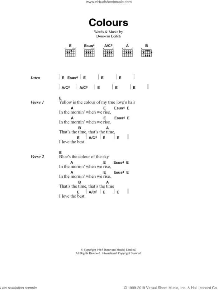 Colours sheet music for guitar (chords) by Walter Donovan and Donovan Leitch, intermediate skill level