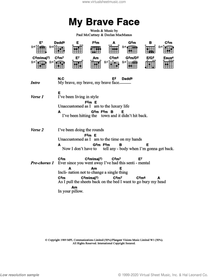 My Brave Face sheet music for guitar (chords) by Paul McCartney and Declan Macmanus, intermediate skill level