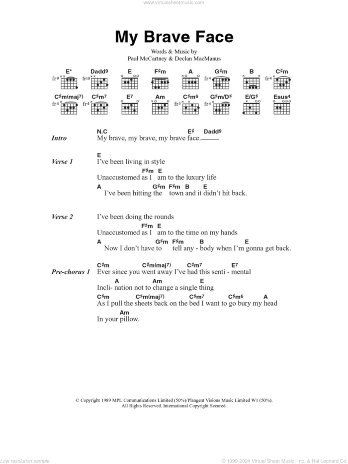 My Brave Face sheet music for guitar (chords) by Paul McCartney and Declan Macmanus, intermediate skill level