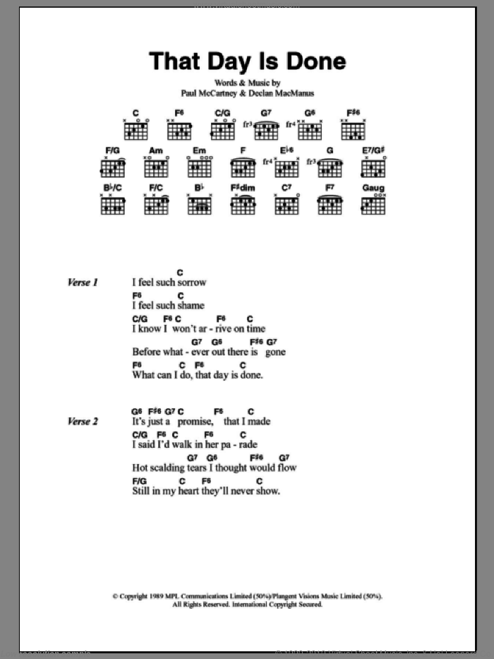 That Day Is Done sheet music for guitar (chords) by Paul McCartney, Elvis Costello and Declan Macmanus, intermediate skill level