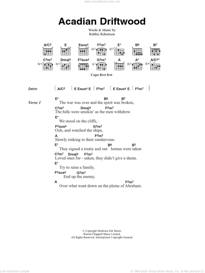 Acadian Driftwood sheet music for guitar (chords) by The Band and Robbie Robertson, intermediate skill level