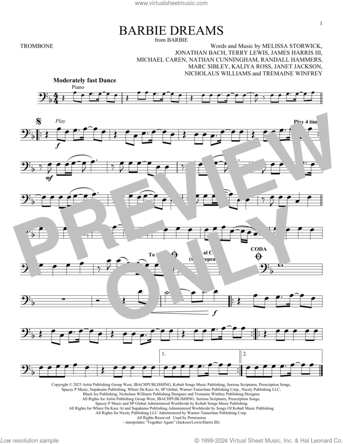 Barbie Dreams (from Barbie) (feat. Kaliii) sheet music for trombone solo by FIFTY FIFTY, James Harris, Janet Jackson, Jonathan Bach, Kaliya Ross, Marc Sibley, Melissa Storwick, Michael Caren, Mike Caren, Nathan Cunningham, Nicholaus Williams, Randall Hammers, Terry Lewis and Tremaine Winfrey, intermediate skill level