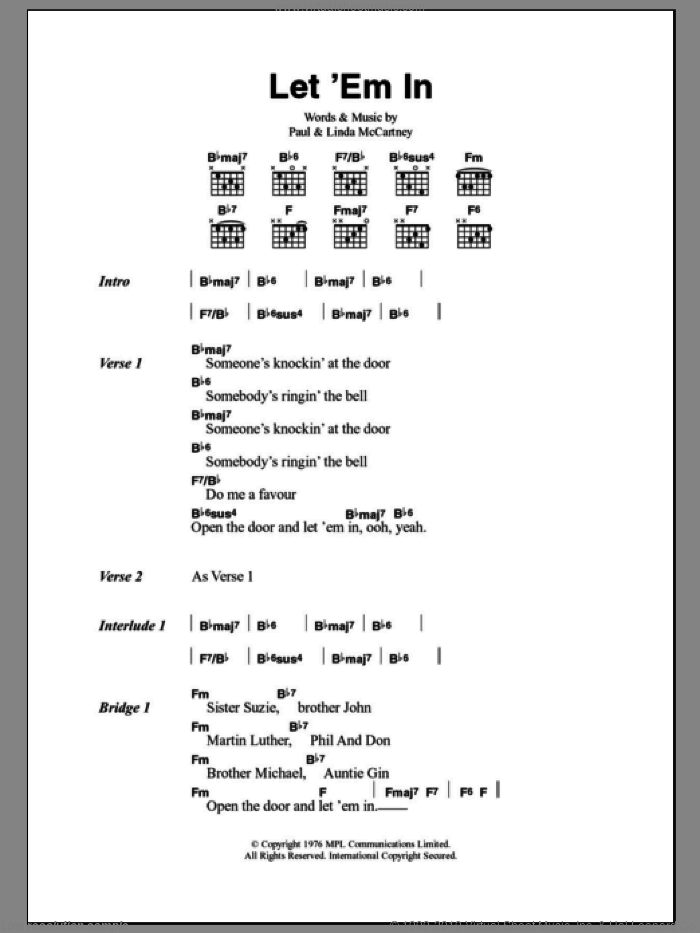 Let 'Em In sheet music for guitar (chords) by Paul McCartney and Linda McCartney, intermediate skill level