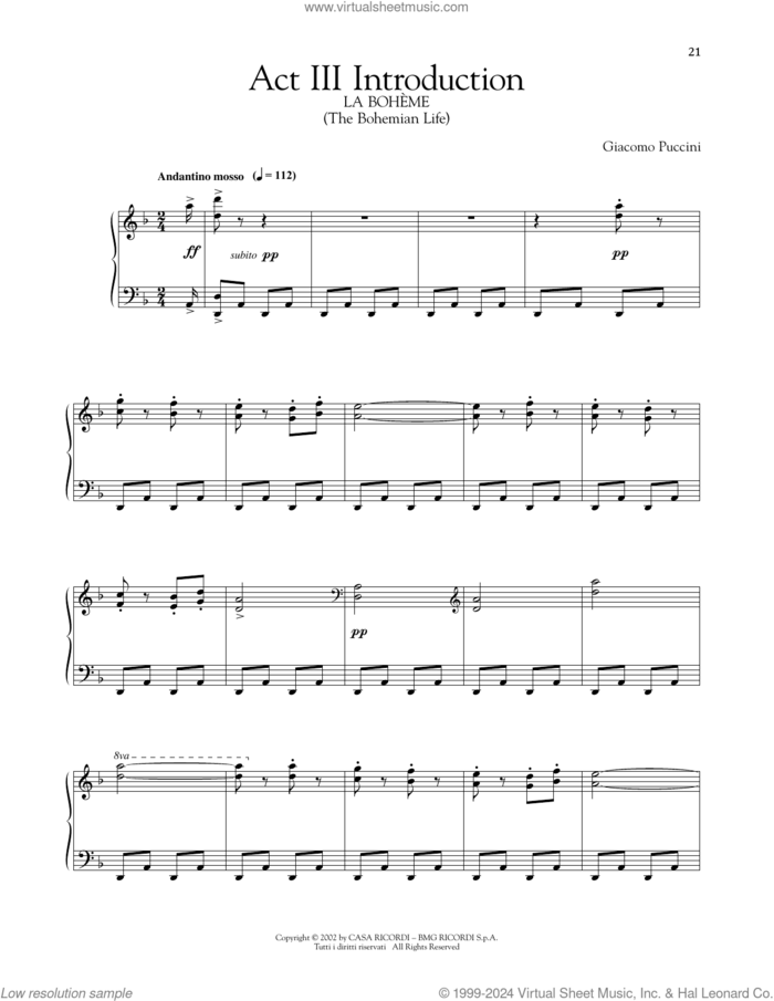 Act III Introduction sheet music for piano solo by Giacomo Puccini, classical score, intermediate skill level