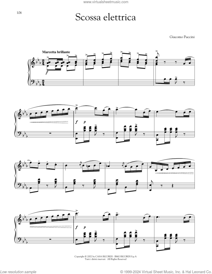 Scossa elettrica (Electric Shock) sheet music for piano solo by Giacomo Puccini, classical score, intermediate skill level
