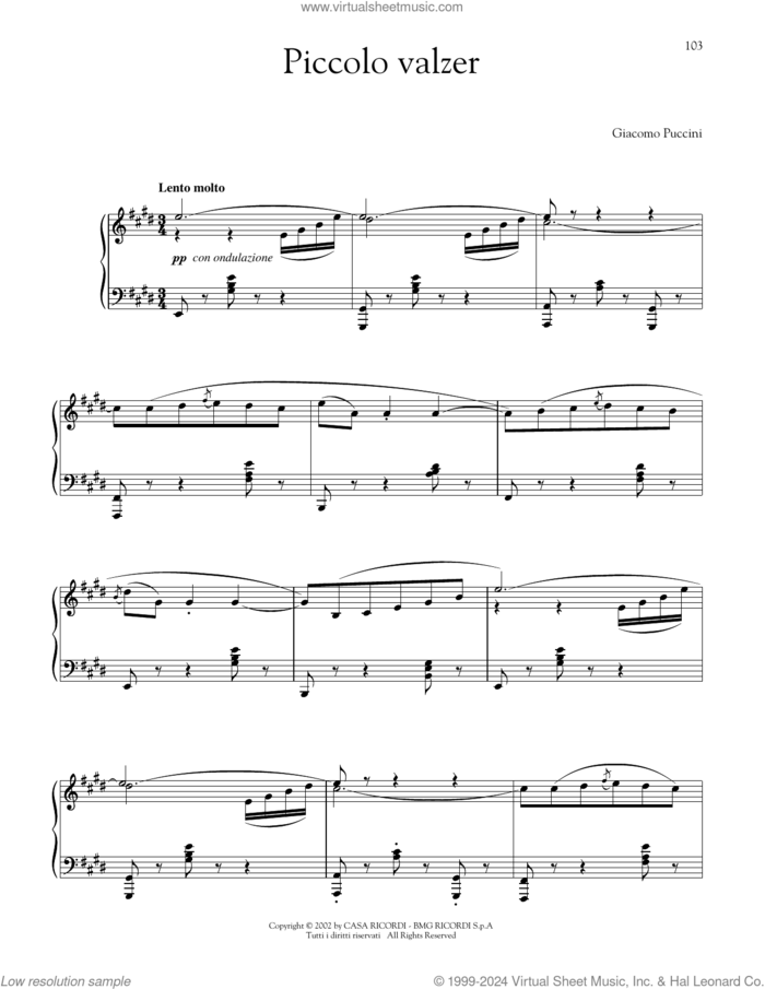 Piccolo walzer (Little Waltz) sheet music for piano solo by Giacomo Puccini, classical score, intermediate skill level