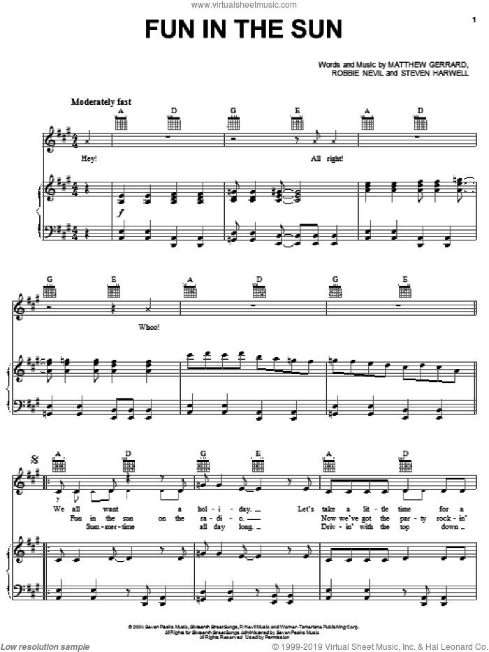 Fun In The Sun sheet music for voice, piano or guitar by Matthew Gerrard, The Princess Diaries 2: Royal Engagement (Movie), Robbie Nevil and Steven Harwell, intermediate skill level