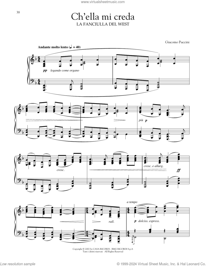 Ch'Ella Mi Creda (Let Her Believe) sheet music for piano solo by Giacomo Puccini, classical score, intermediate skill level