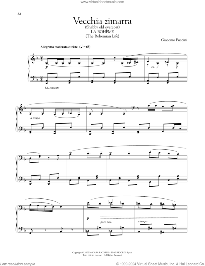 Vecchia Zimarra, Senti sheet music for piano solo by Giacomo Puccini, classical score, intermediate skill level