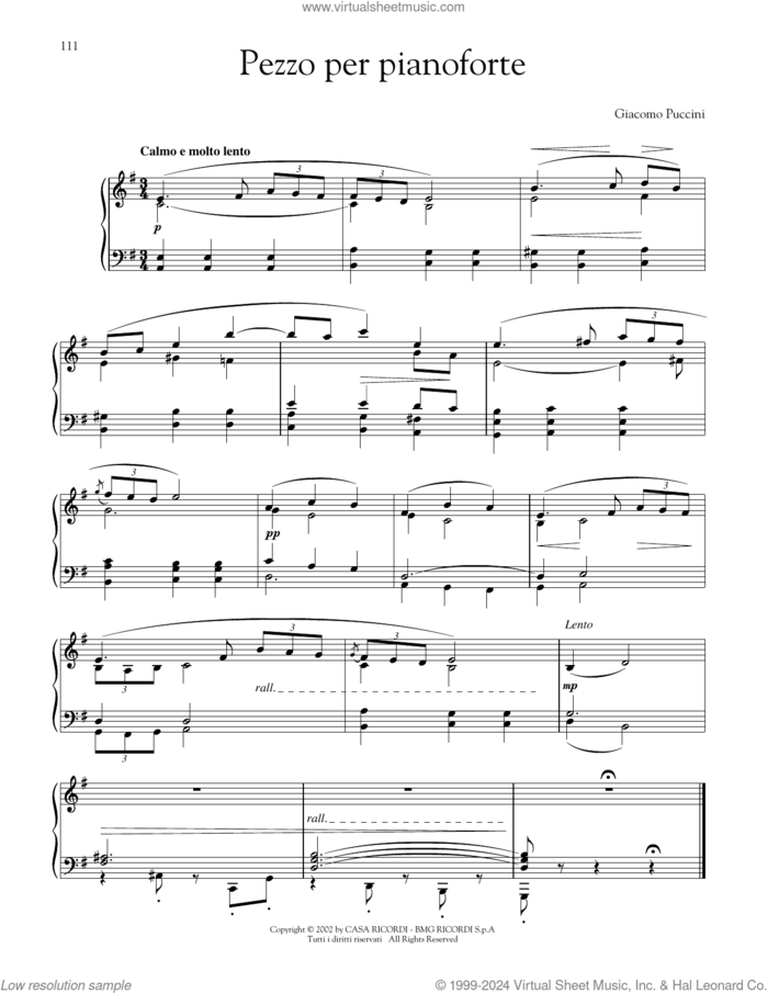 Pezzo per pianoforte (Piano Piece) sheet music for piano solo by Giacomo Puccini, classical score, intermediate skill level