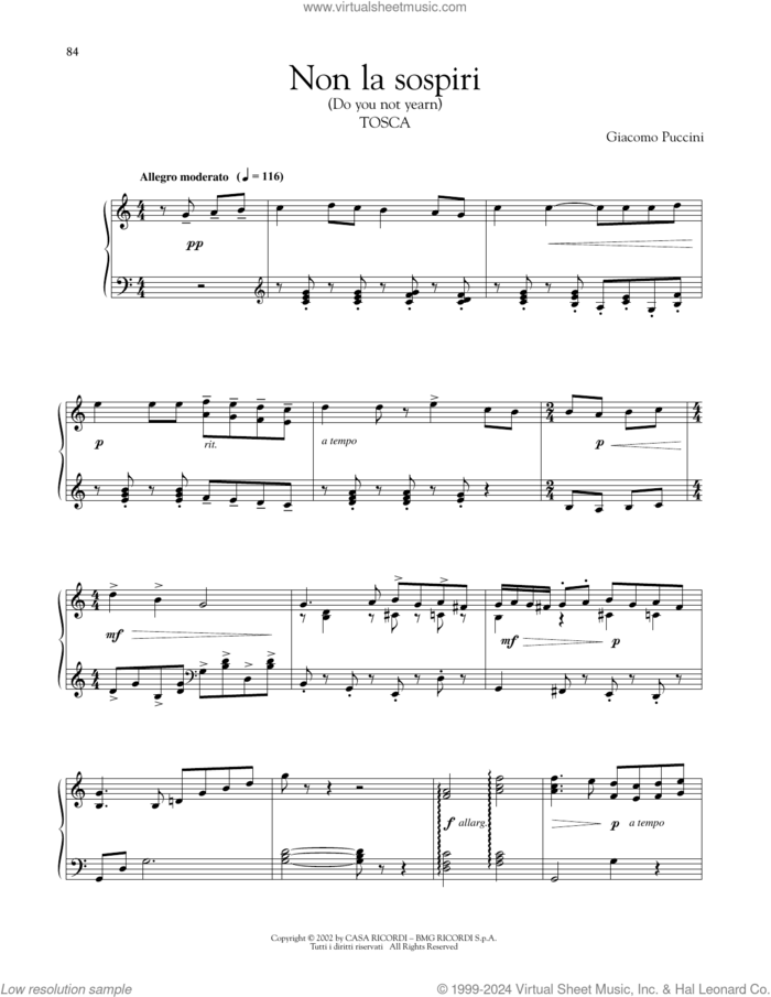 Non La Sospiri La Nostra Casetta sheet music for piano solo by Giacomo Puccini, classical score, intermediate skill level
