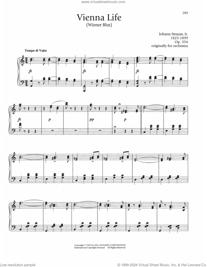 Vienna Life, Op. 354 sheet music for piano solo by Johann Strauss, Jr., classical score, intermediate skill level