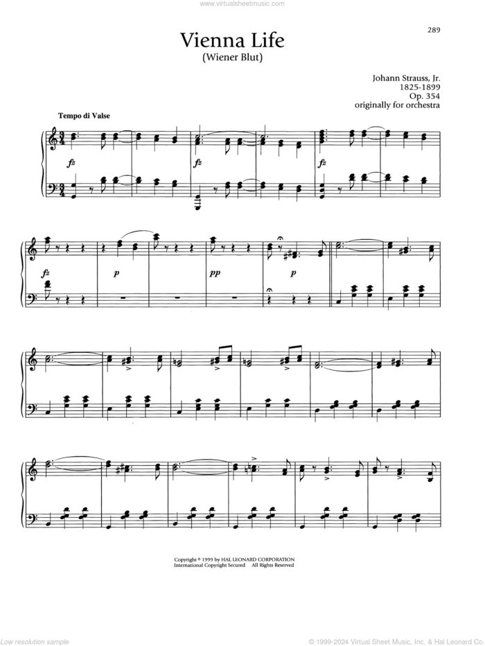 Vienna Life, Op. 354 sheet music for piano solo by Johann Strauss, Jr., classical score, intermediate skill level