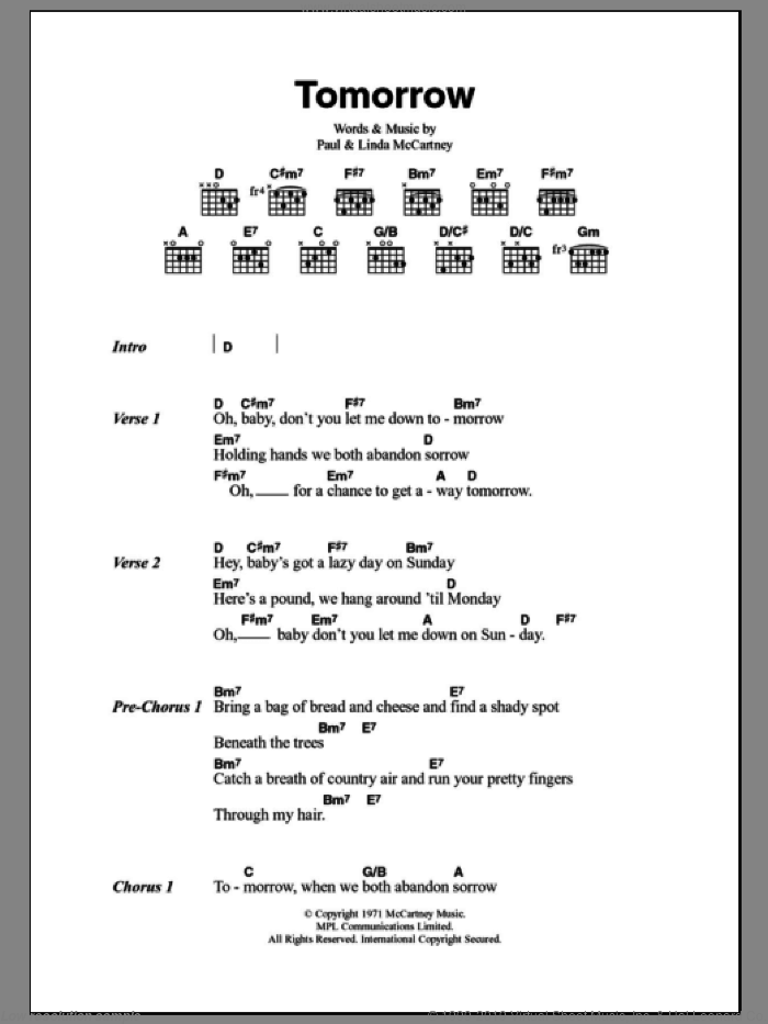 Tomorrow sheet music for guitar (chords) by Paul McCartney and Linda McCartney, intermediate skill level