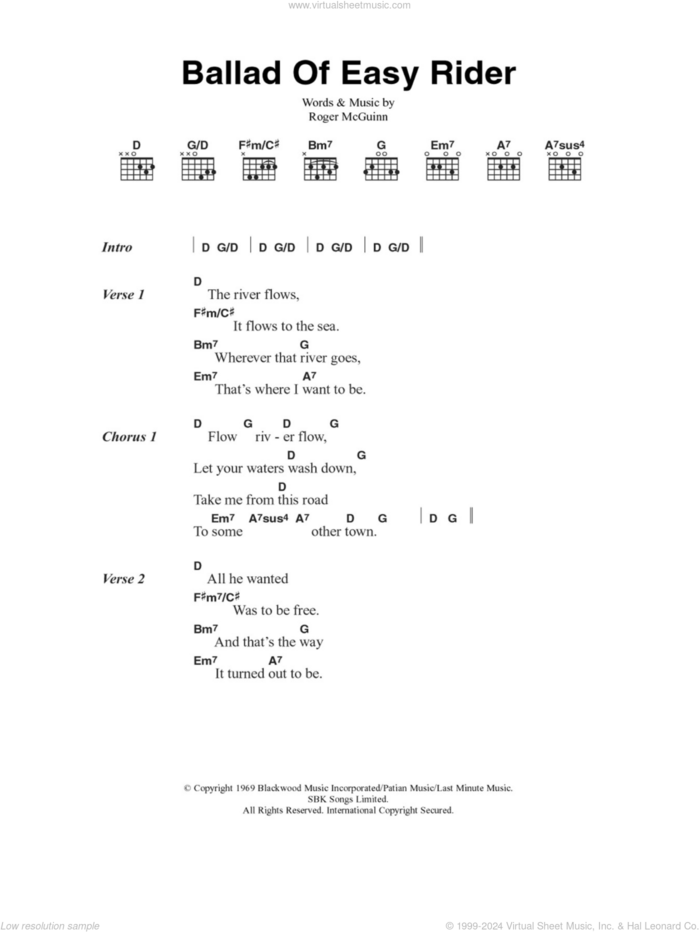 Ballad Of Easy Rider sheet music for guitar (chords) by The Byrds and Roger McGuinn, intermediate skill level