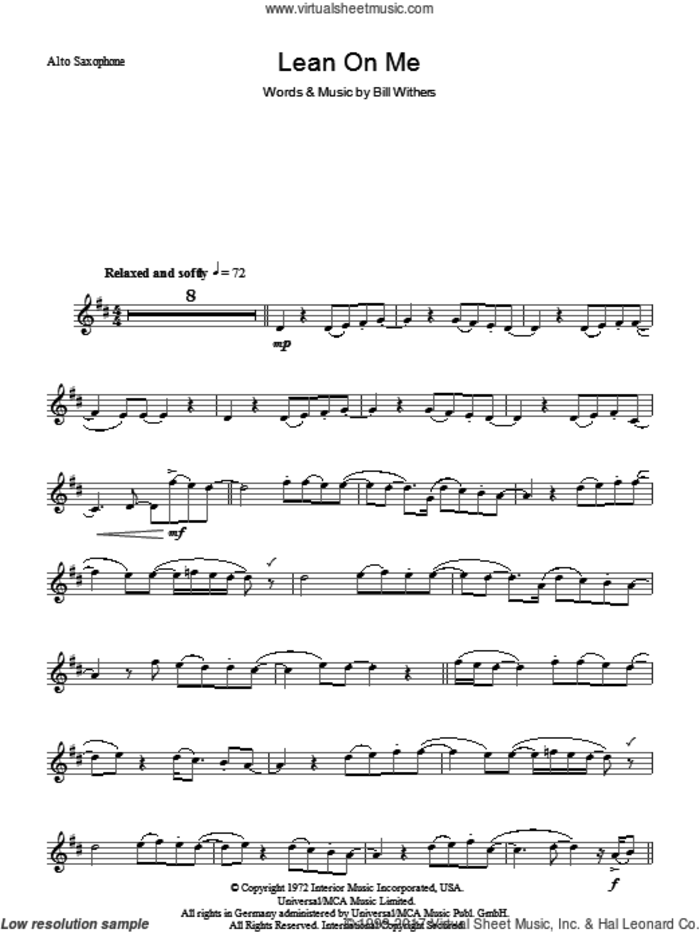 Lean On Me sheet music for alto saxophone solo by Bill Withers, intermediate skill level