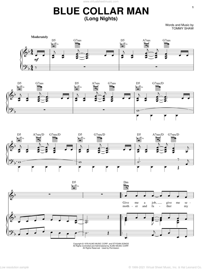 Blue Collar Man (Long Nights) sheet music for voice, piano or guitar by Styx and Tommy Shaw, intermediate skill level