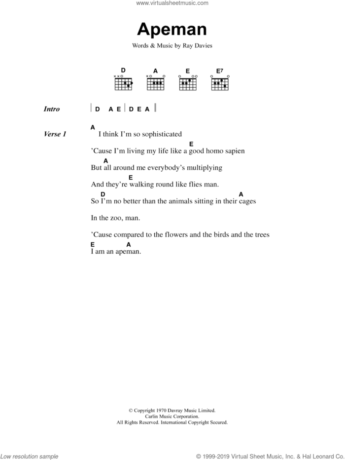 Apeman sheet music for guitar (chords) by The Kinks and Ray Davies, intermediate skill level
