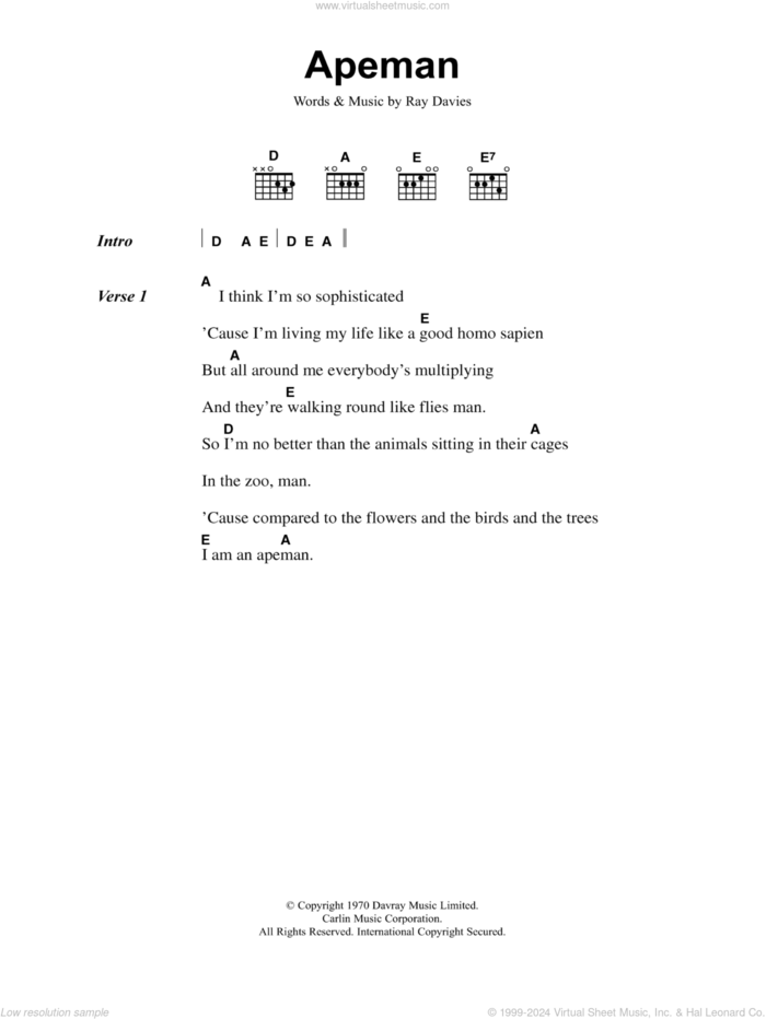 Apeman sheet music for guitar (chords) by The Kinks and Ray Davies, intermediate skill level