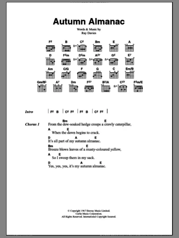 Autumn Almanac sheet music for guitar (chords) by The Kinks and Ray Davies, intermediate skill level