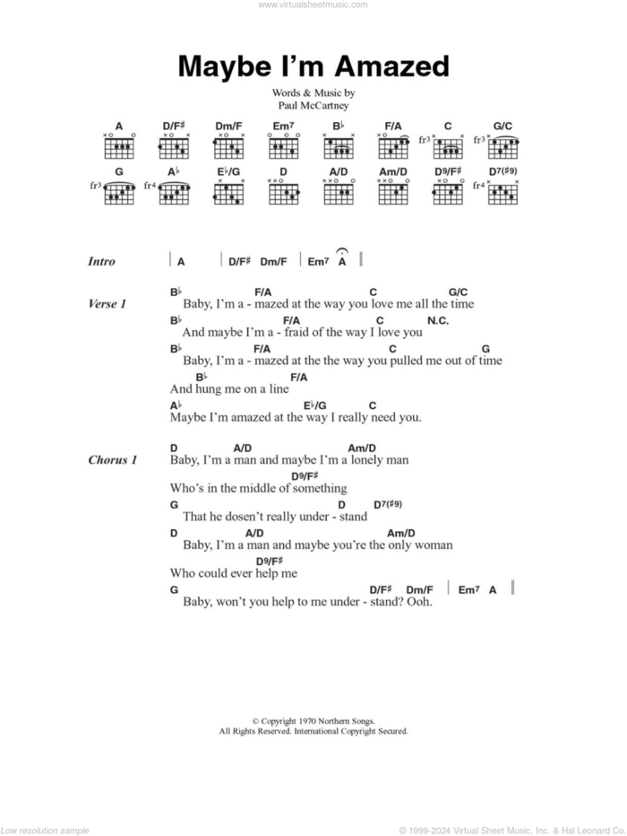 Maybe I'm Amazed sheet music for guitar (chords) by Paul McCartney, intermediate skill level