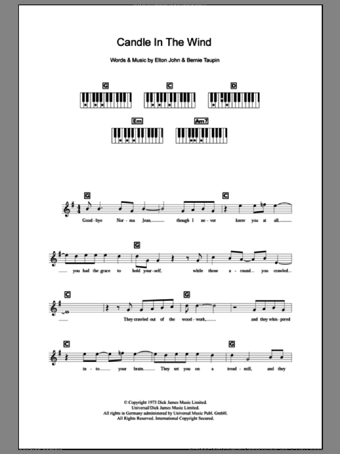 Candle In The Wind sheet music for piano solo (chords, lyrics, melody) by Elton John and Bernie Taupin, intermediate piano (chords, lyrics, melody)