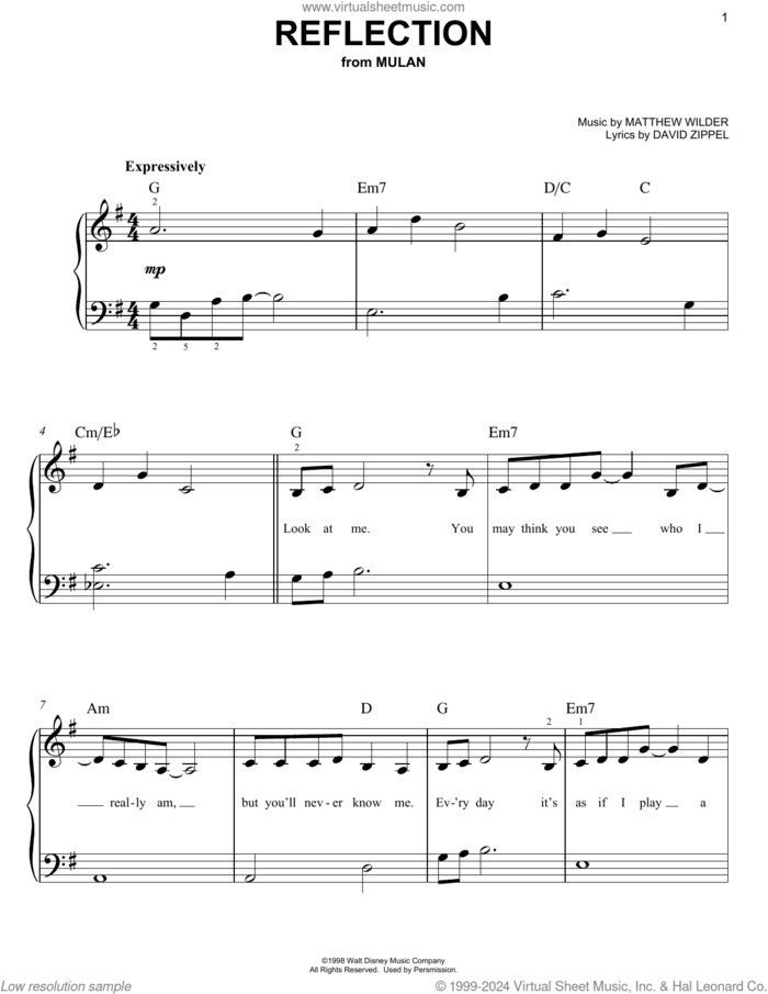 Reflection (from Mulan), (easy) sheet music for piano solo by Matthew Wilder & David Zippel, Christina Aguilera, David Zippel and Matthew Wilder, easy skill level