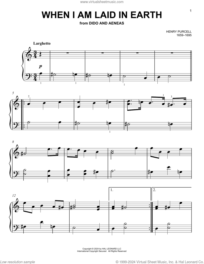 When I Am Laid In Earth, (easy) sheet music for piano solo by Henry Purcell, classical score, easy skill level