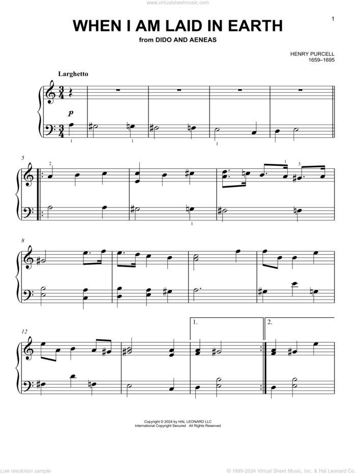 When I Am Laid In Earth, (easy) sheet music for piano solo by Henry Purcell, classical score, easy skill level