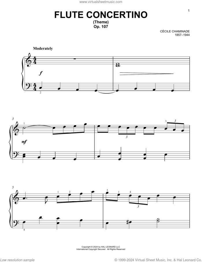 Flute Concertino sheet music for piano solo by Cécile Chaminade, classical score, easy skill level