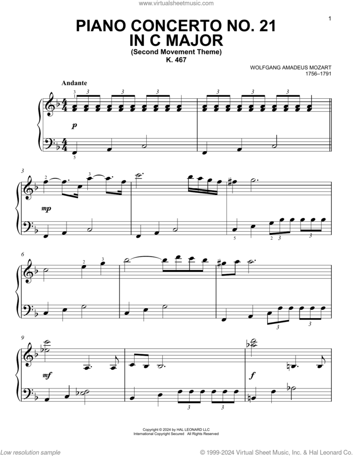 Piano Concerto No. 21 In C Major ('Elvira Madigan'), Second Movement Excerpt sheet music for piano solo by Wolfgang Amadeus Mozart, classical score, easy skill level
