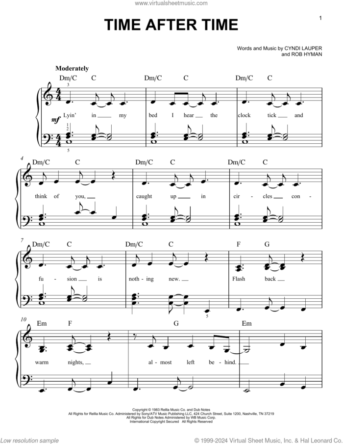 Time After Time sheet music for piano solo by Cyndi Lauper and Rob Hyman, easy skill level