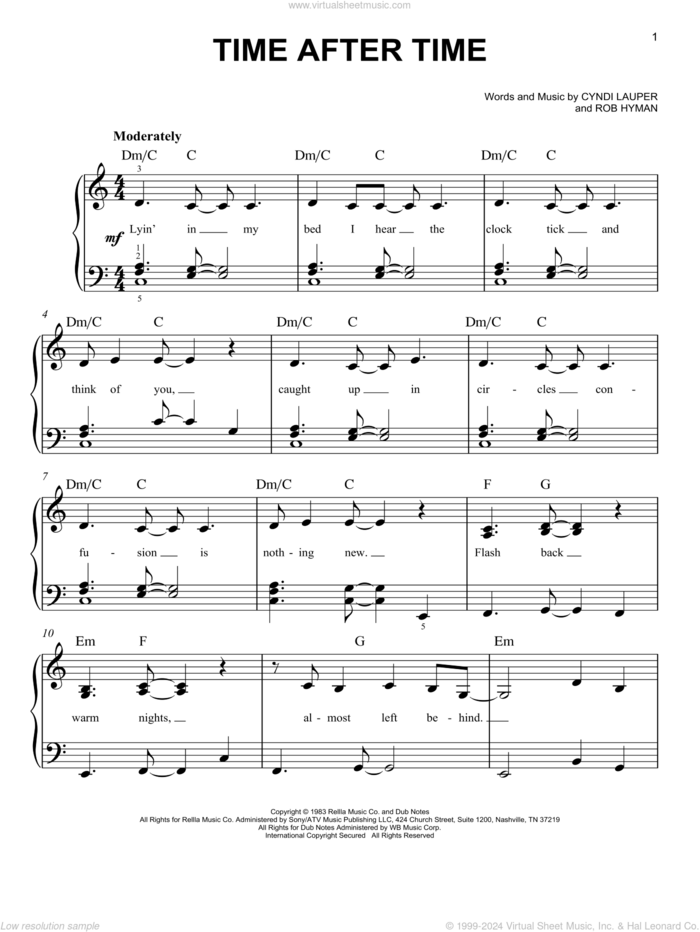 Time After Time, (easy) sheet music for piano solo by Cyndi Lauper and Rob Hyman, easy skill level